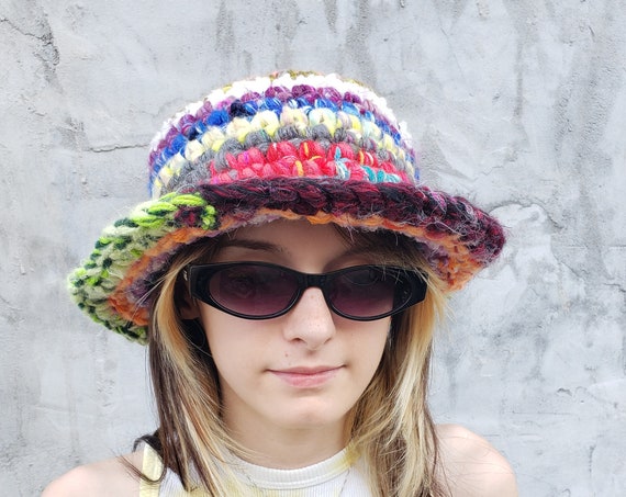 Handmade Crochet Rainbow Bucket Hat - Unique Multi Color Stripe Womens Knit Hats - Soft Handknit Striped Fuzzy Hat