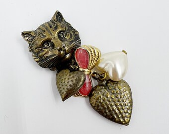 Vintage Cat Brooch Pin - Pink Bronze Pearly Metal Dangly Kitschy Cute Brooch - Cat Lady Bows Hearts Statement Cat Accessory Vintage 90's