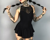 90 39 s Black One Piece Swimsuit Small - Vintage Mesh Top Skirted Modest Swimsuit - Cut Out Back Solid Black Cheeky Bathing Flouncy Skirt Swim