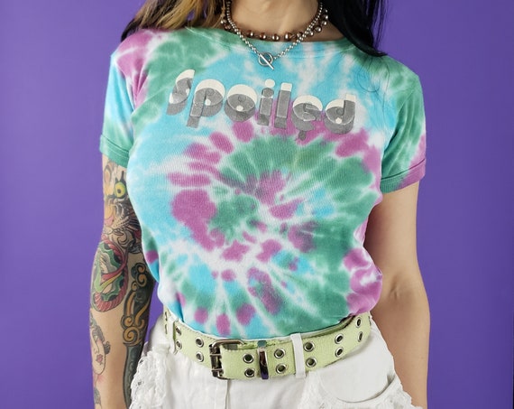 SPOILED Tie Dye Tee Small - 90s Vintage Upcycled Tiedyed Slim Fit Tshirt - Remade 1990s Green Blue Purple Multicolor Tiedye Baby-Tee