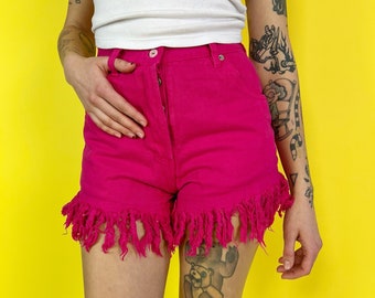 90's Hot Pink Denim High Waist 28" - Vintage Casual Summer Short Denim Fringe Shorts - Button Fly Frayed Hem Cutoff Shorts 1990's VTG