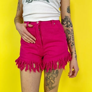 90's Hot Pink Denim High Waist 28 Vintage Casual Summer Short Denim Fringe Shorts Button Fly Frayed Hem Cutoff Shorts 1990's VTG image 1