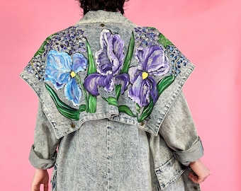 80's Acid Wash Denim Duster Trench Coat Large - Hand Painted Floral Glitter Detachable Cape - Womens Vintage Long Floor Length Trench 1 of 1