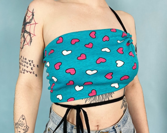 Handmade Strappy Crop Top S/M Vintage - Unique Upcycled CUTE Heart Print Summer Top - Vintage Reclaimed Fabric Stretchy Summer Crop Top