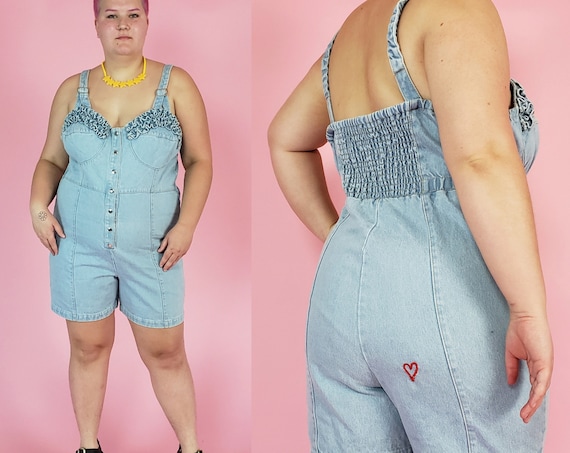 90s Vintage Denim Romper with Heart Embroidery XL - Blue Jean Shorts Onesie Jumpsuit - 1990s One Piece Playsuit with Ruffle Bra Detail Plus