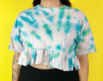 Upcycled Cropped Peplum Tie Dye Tee Medium - Cute Flouncy Ruffle T-shirt Crop Top - Reworked 1 Of 1 Grunge - Reworked Summer Cropped Tee