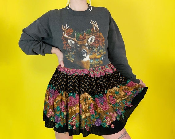 Vintage Upcycled Unique Deer Sweater Dress Medium -  Reworked Casual Comfy Babydoll Sweatshirt Dress - One Of a Kind 'Lunar Eclipse Dress'