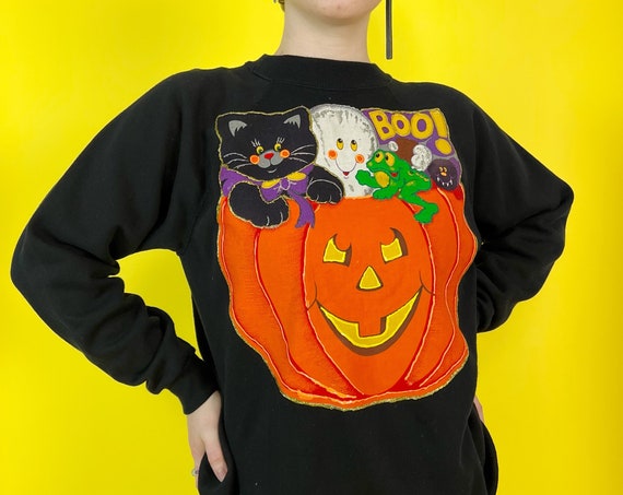 80s/90s Puffy Paint Halloween Pullover Womens Medium - Vintage Glittery Jack-o-Lantern Frog Black Cat Animals Crewneck Pullover Sweatshirt