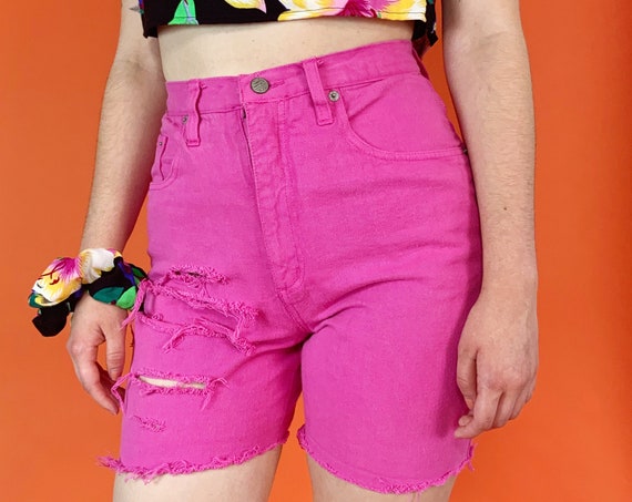 90's Hot Pink Distressed Gitano Cutoffs 29" High Waist - Vintage Basic Frayed Long Denim Bermuda Shorts - Summer Casual Plain Bright Jeans
