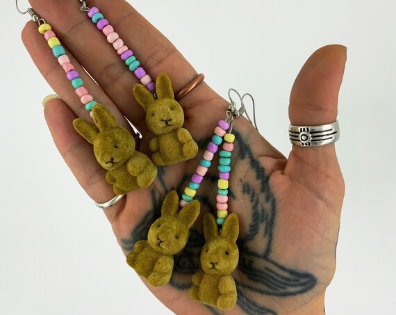 Pastel Beaded BUNNY Dangley Earrings - Handmade Recycled Long CUTE Trendy Rainbow Statement Earrings - Long Easter Kawaii Rabbit Earrings