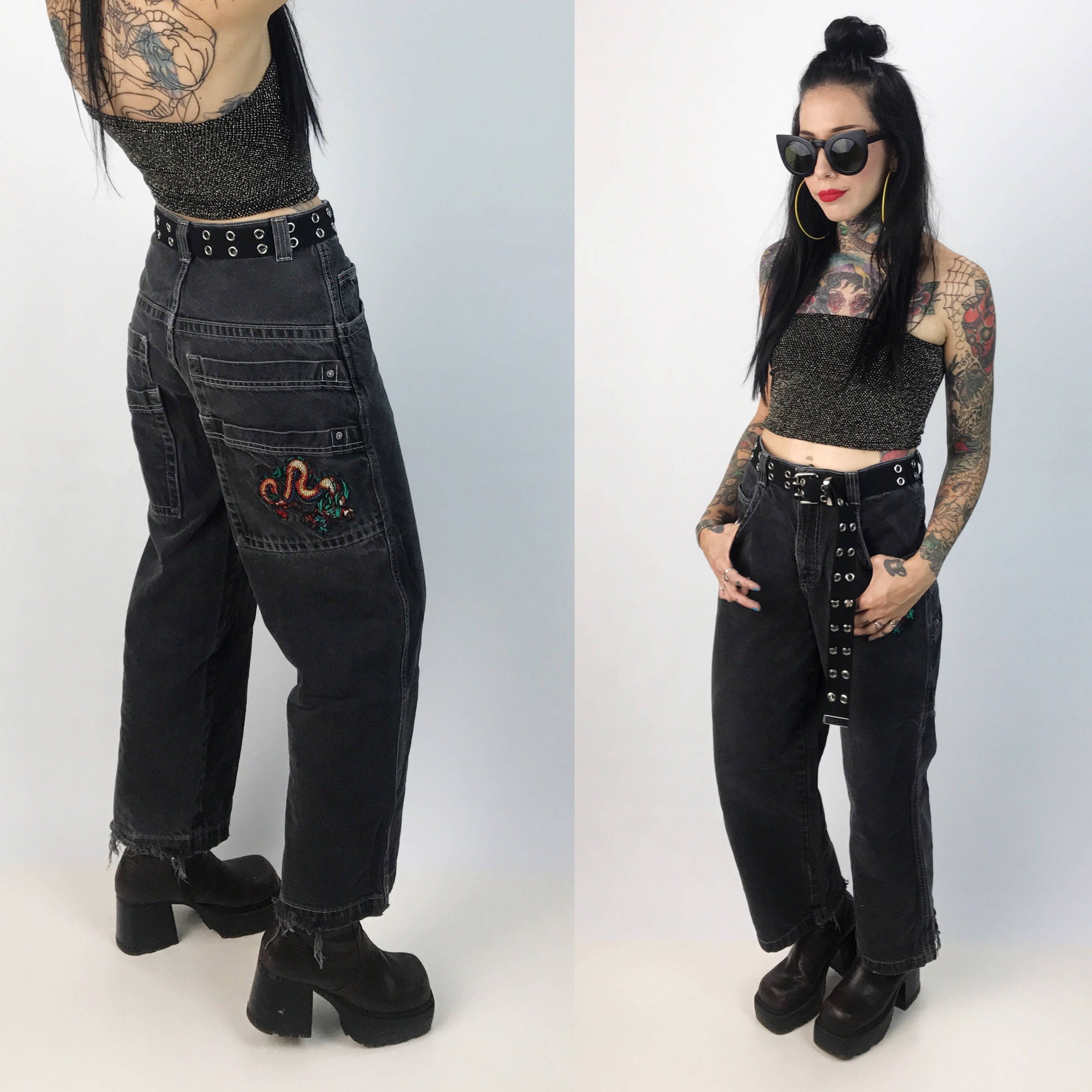 90 S Jnco Wide Leg Denim Size 14 Boys Women Small 27 Black Denim Skater Pants Grunge Wide Leg Baggy Jeans Dragon Embroidered Jncos