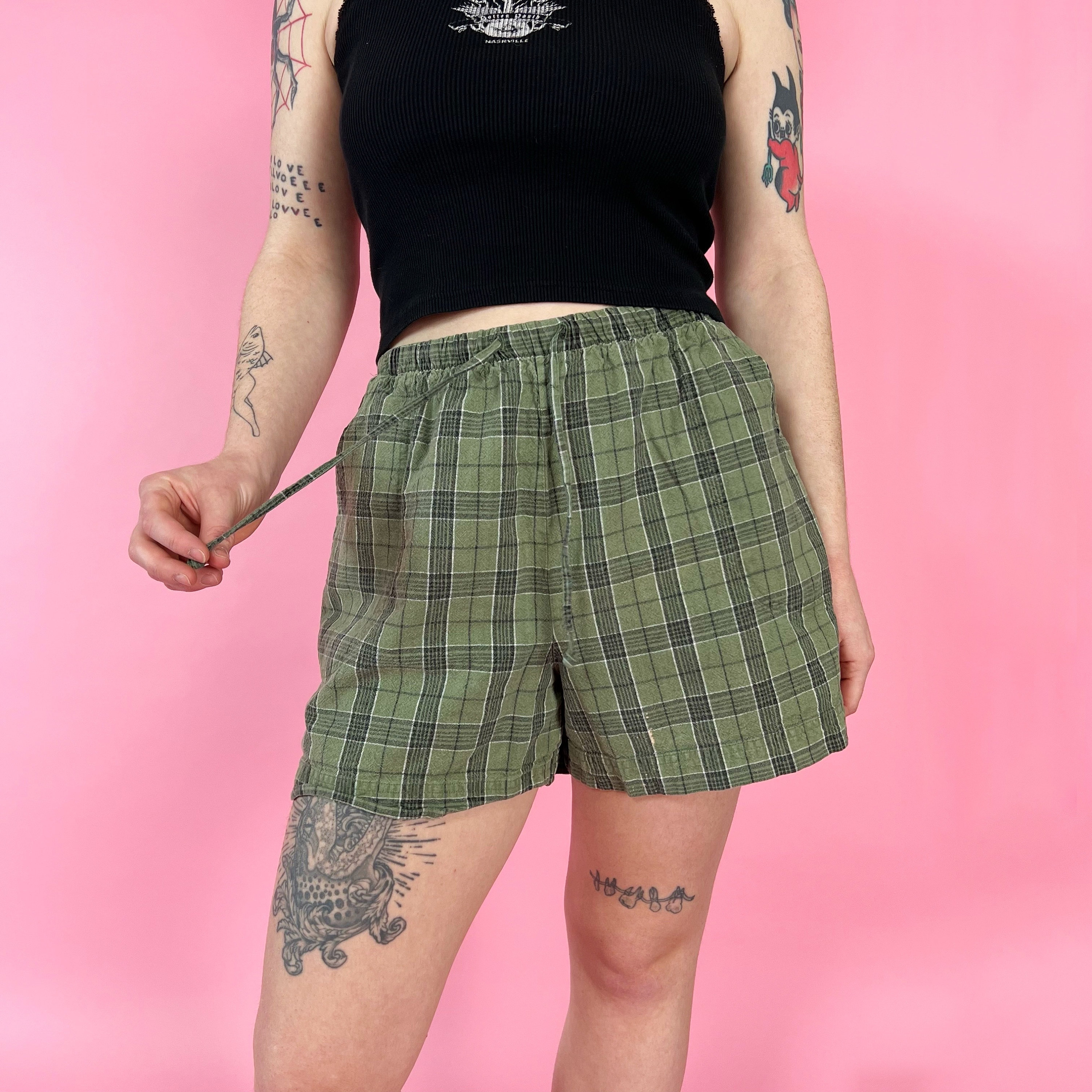 Green plaid shorts womens 2025
