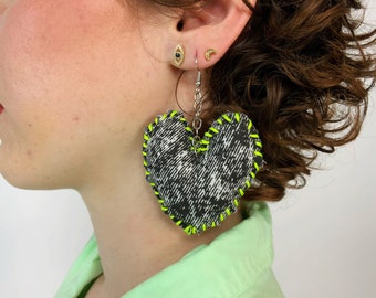 Hand Stitched Recycled Heart Plush Earrings - Neon Yellow Handmade Statement Dangle Earrings Funky Cute DIY Costume Kawaii Heart Jewelry