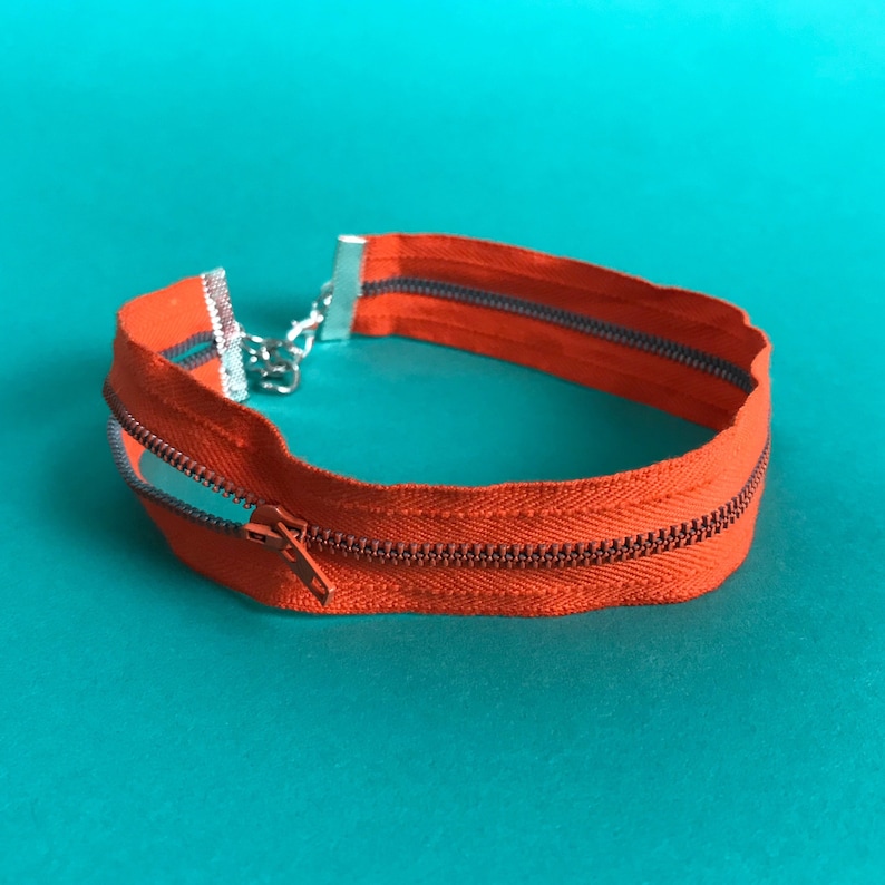 Zipper Choker ORANGE Remade Upcycled Unique Necklace Thick Weird Recycled Grunge Choker One of a Kind Double Strand Vintage Funky Choker