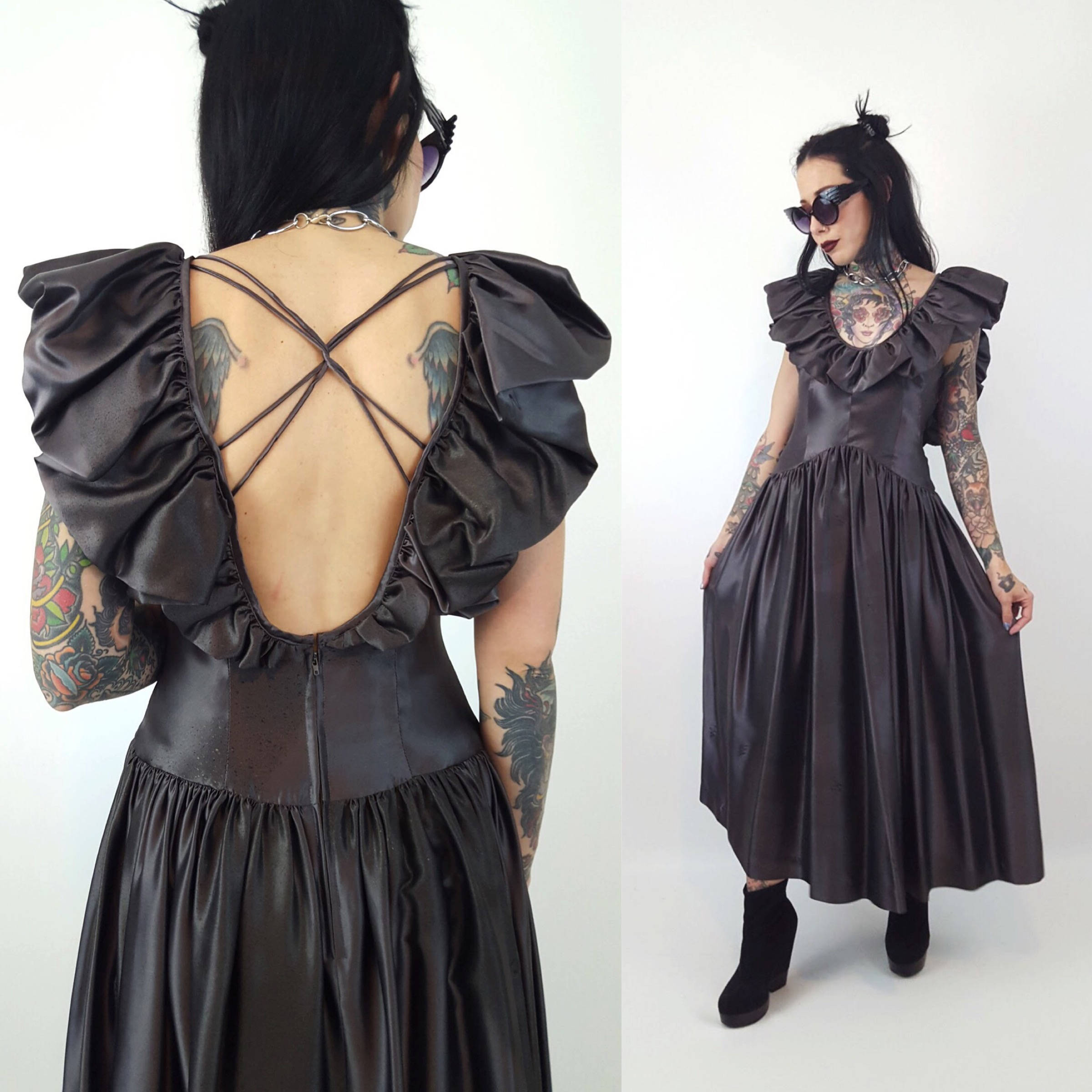 ruffle satin maxi dress