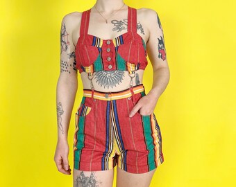 RARE 1990's Cut Out Denim Shorts Romper Small US 4/5 - Deadstock VTG Summer Playsuit Midriff Overalls - One Piece Striped Rainbow Shorts