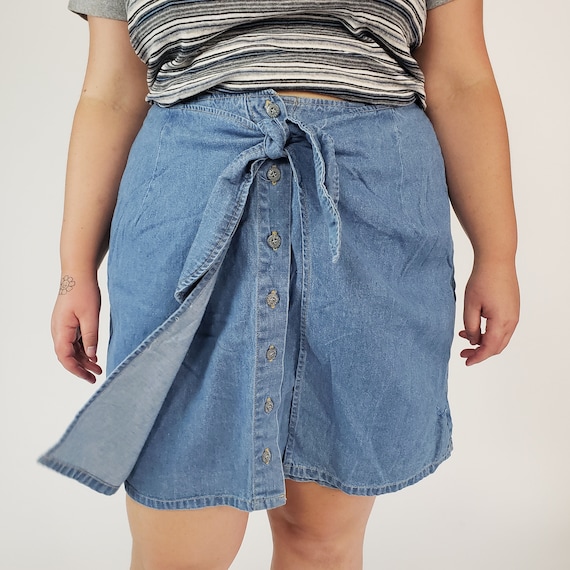 90's Vintage Denim Mini Skirt Size Medium - 1990s Miniskirt High Waist Denim Button Front Casual Everyday Jean Wrap Skirt True Blue XXL