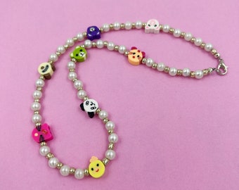 Handmade Beaded Pearly Animal Charm Choker Necklace - Unique Upcycled Colorful Statement Jewelry - Cute Kawaii Beads Trendy CUTE Kidcore