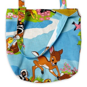 Handmade BAMBI Tote Bag Upcycled Vintage Recycled Fabric 90s Kids Sheets Rework Shoulder Bag One Of a Kind Unique Cartoon Tote w/ Lining image 6