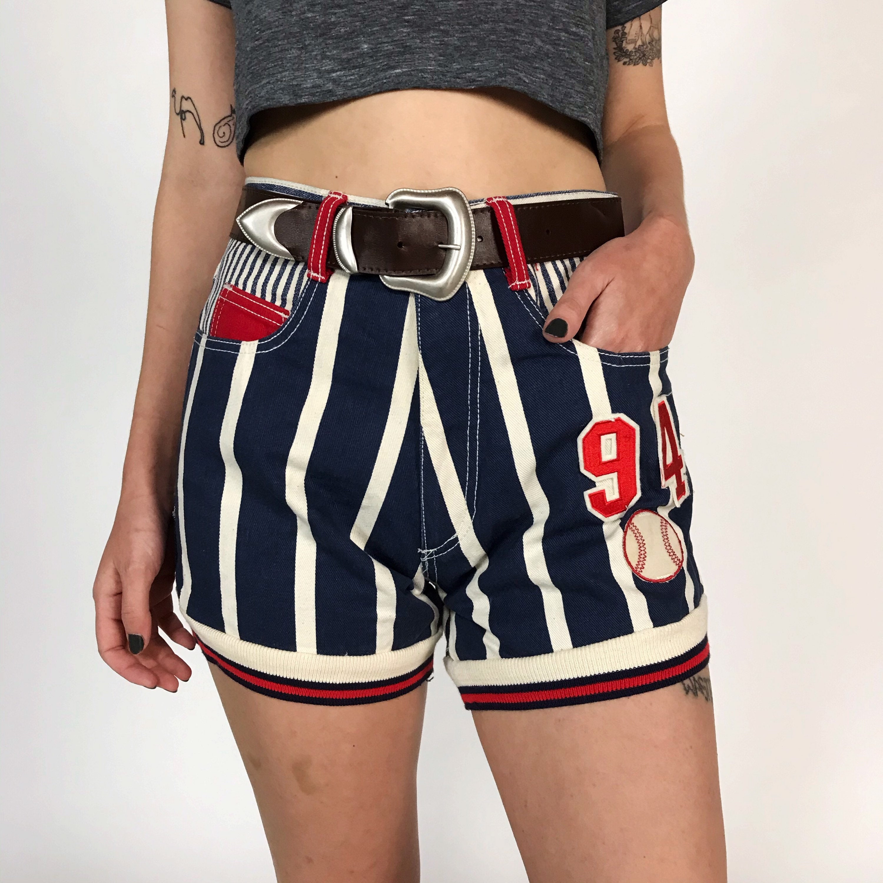 90's RARE High Waist Striped Sporty Baseball Theme Jean Shorts 28 High ...
