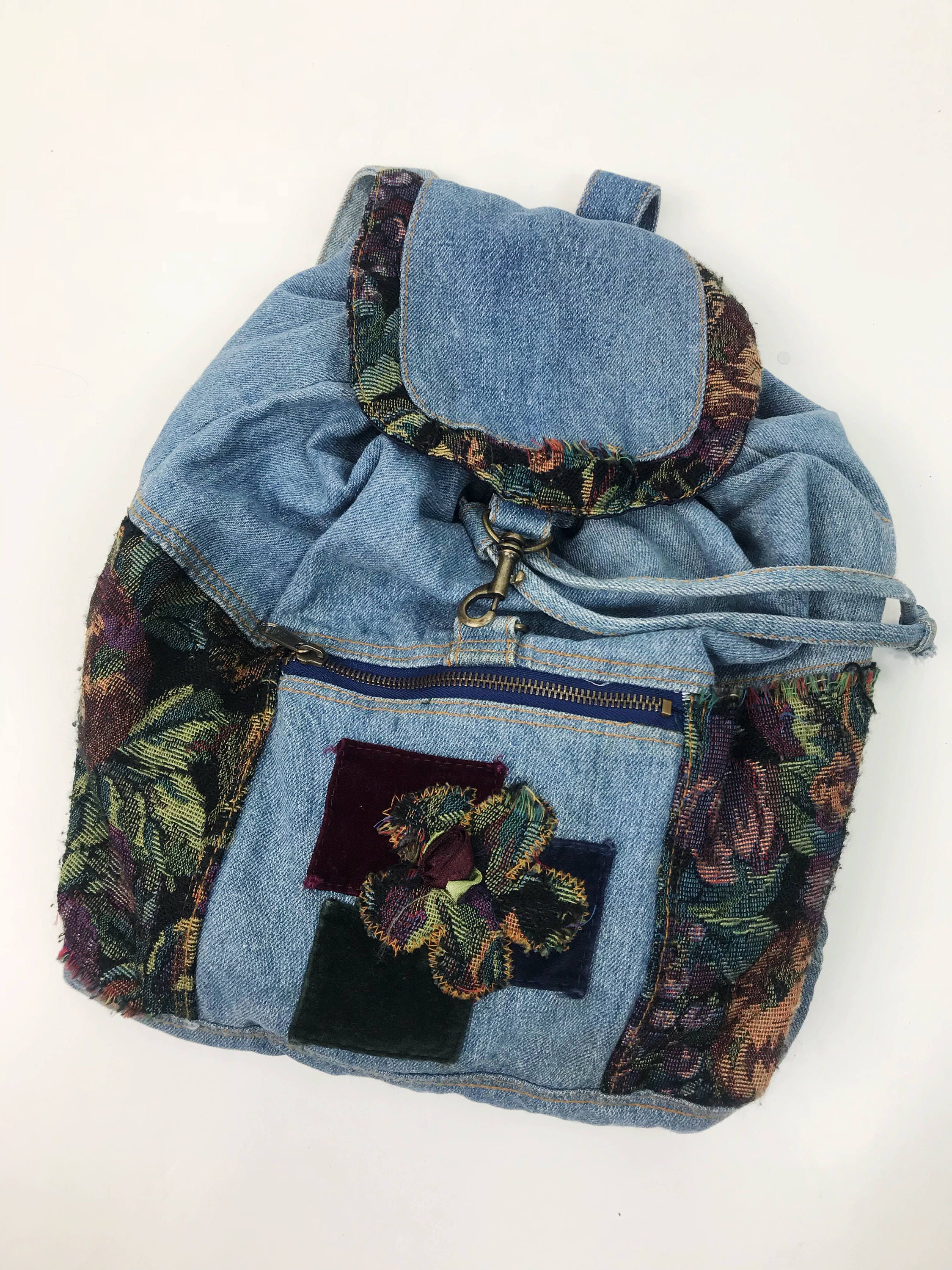 90's Floral Panel Denim Backpack Purse - Denim Hipster ...