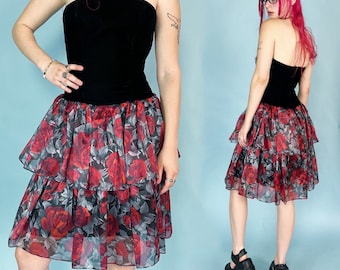 80's Strapless Black Red Rose Prom Dress Small - Vintage Velvet Formal Dress with Tiered Drop Waist Skirt - Romantic Goth Bodice Party Dress