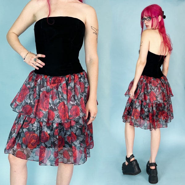 80's Strapless Black Red Rose Prom Dress Small - Vintage Velvet Formal Dress with Tiered Drop Waist Skirt - Romantic Goth Bodice Party Dress