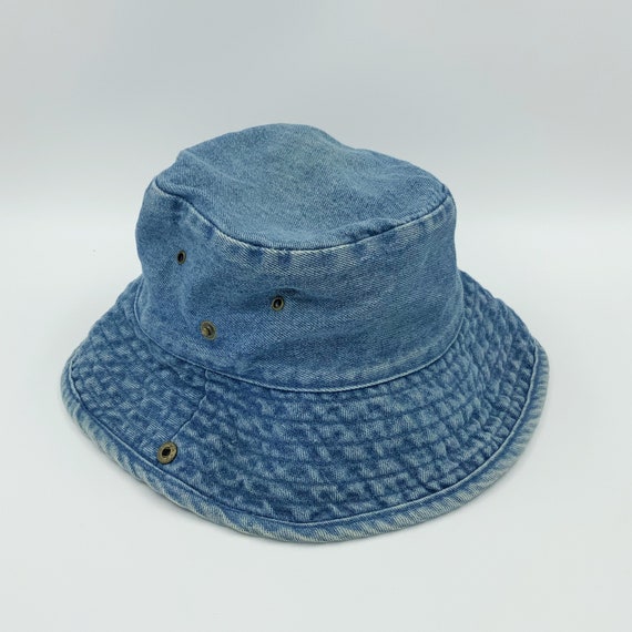 90's Basic Denim Bucket Hat - Everyday Nineties Denim Snap Sides Denim Sun Hat - Blue Denim Round Bucket Hat Everyday Summer Hat One Size
