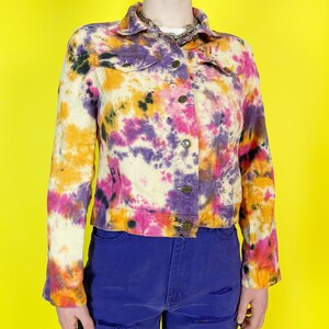 90's Linen Tie-dye Jacket Medium Purple Pink Yellow Unique VTG Outerwear Colorful Shirt Jacket Casual Linen Top Hand Dyed Upcycled NEONS image 5