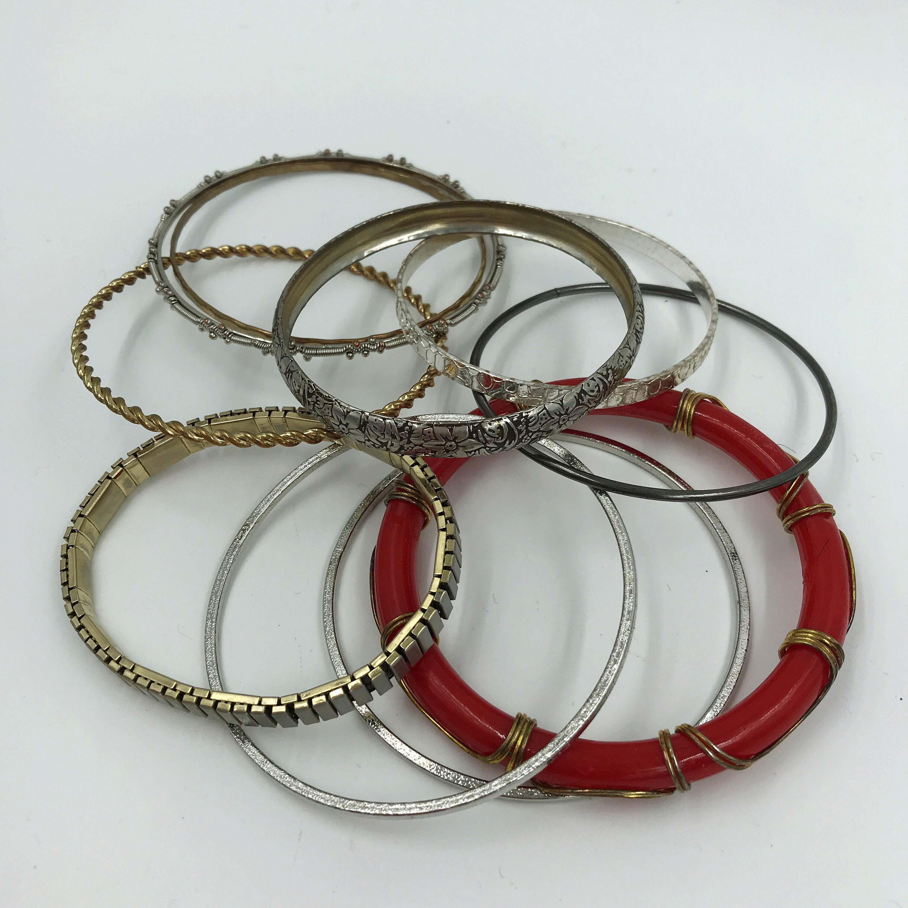 Vintage Bangle Bracelets Mixed Set 9 Bracelets Bracelets Stackers Bangles Lot Metal Silver Tone Red Set Stackable Boho Hippie Accessory