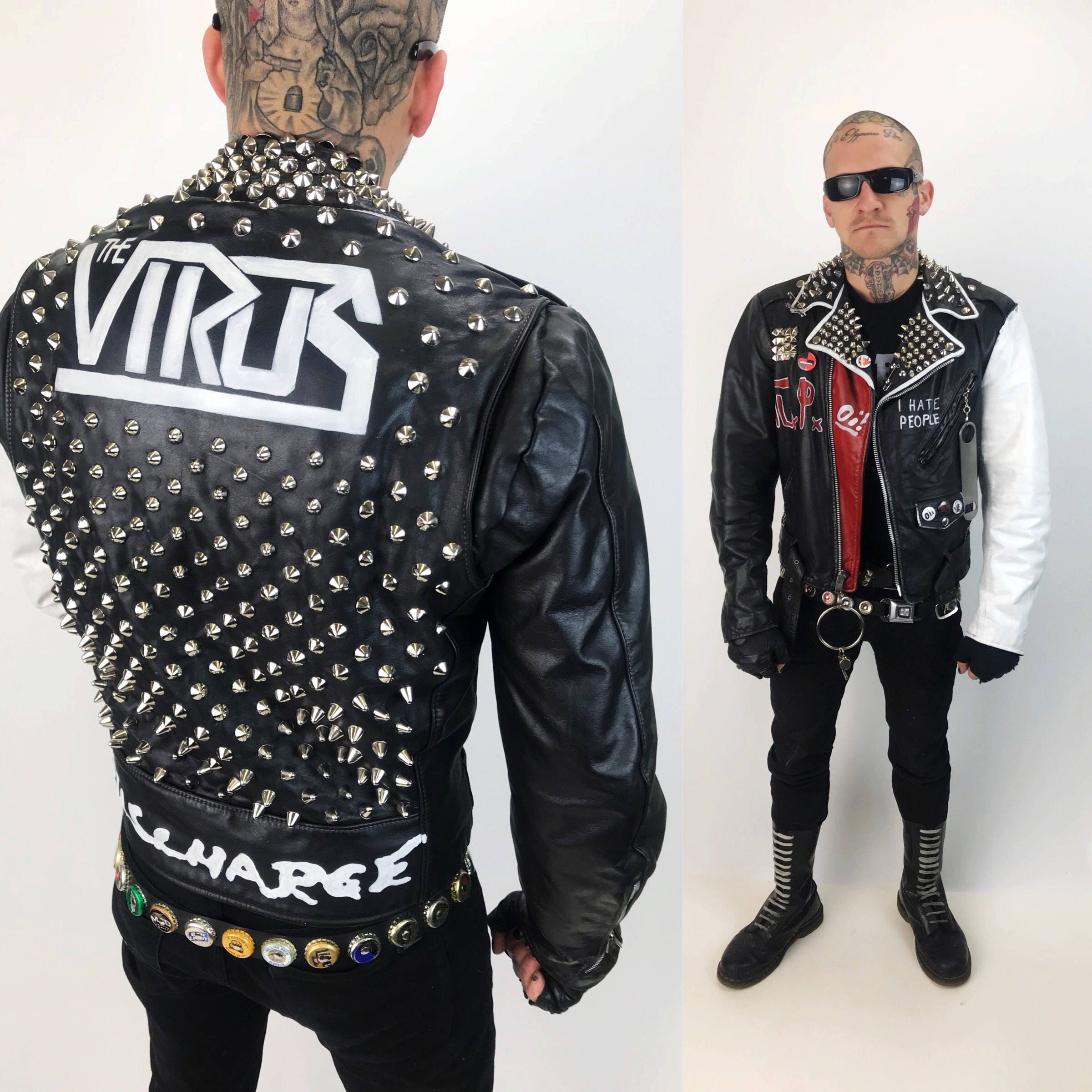 Leather Punk Jacket Mens 38 - Spiked Studded Custom Leather Painted