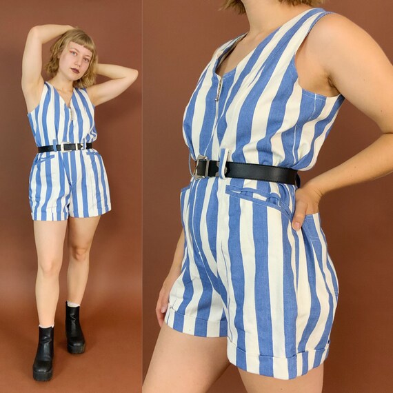 90's Striped Denim Shorts Romper Medium - Vintage Deadstock Blue White Vertical Stripes One Piece Shorts Playsuit - Zip Up Romper W/ Belt