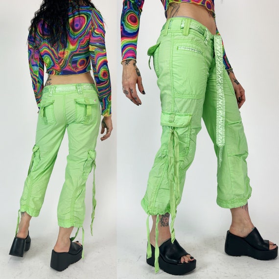 Y2K Vintage NEON Green Capri Cargo Pants - Multip… - image 3