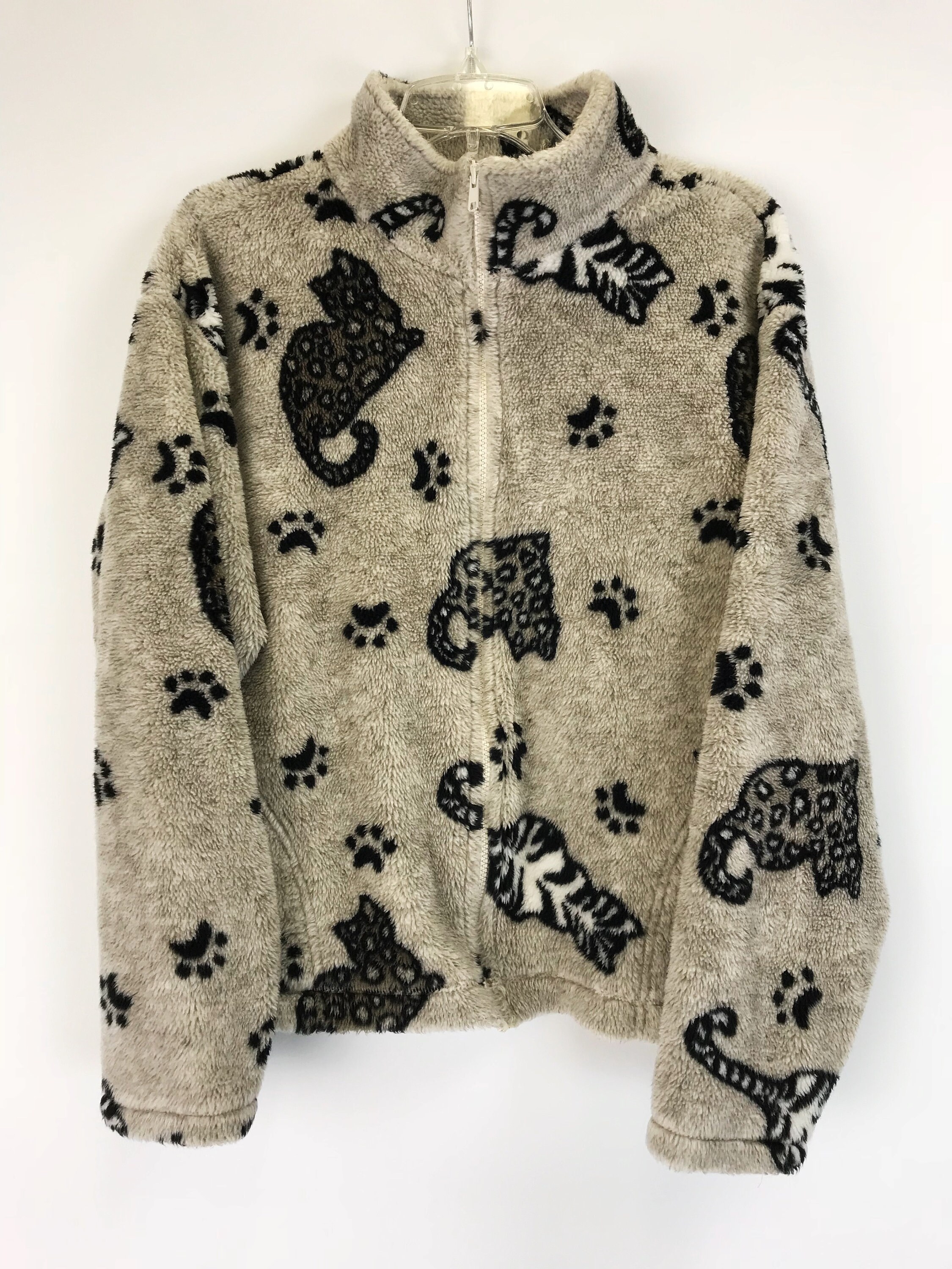 90's Cat Print Fleece Zip Up Jacket Large Women's Kitty Jacket