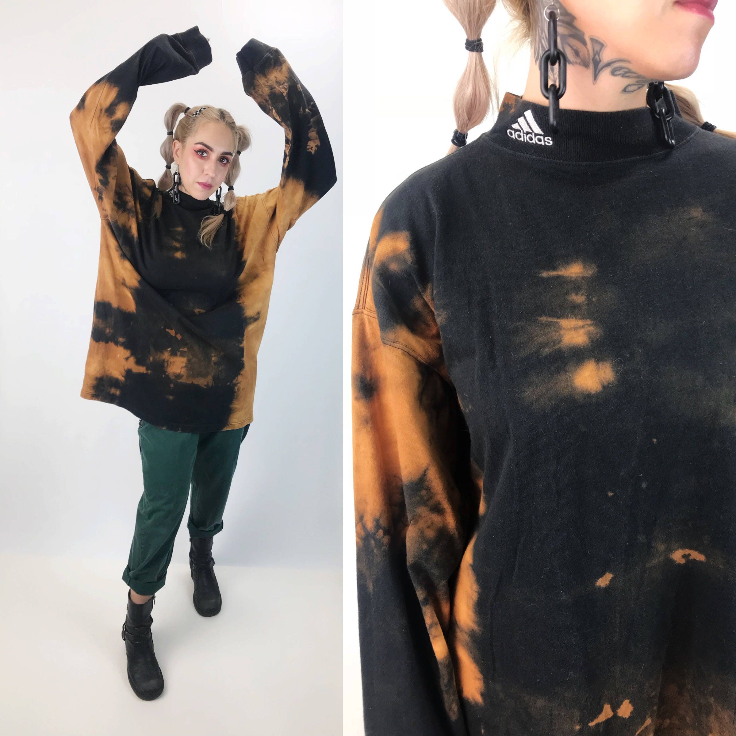 Download Adidas Mock Neck Black Tie Dye Bleached Long Sleeve Shirt 3XL Unisex - Plus Size Long/Tall ...