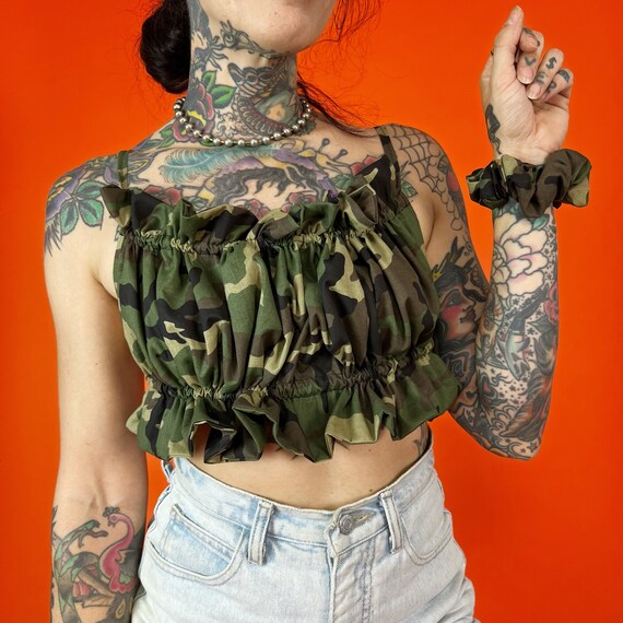 Handmade Backless Crop Top w/ Matching Scrunchie Small - Unique Reclaimed Vintage CAMO Fabric Strappy Summer Festival Crop Top Open Back
