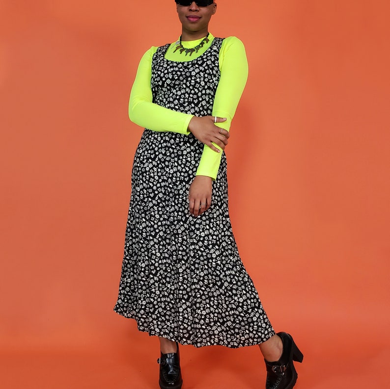 1990s Deadstock Overall Jumper Dress with Original Tags Long Grunge Boho Sundress 90/'s Vintage Black /& White Floral Maxi Dress Medium