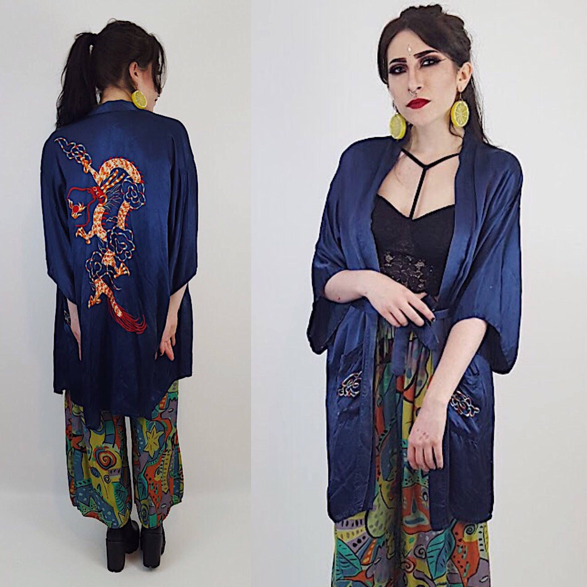 Download Dragon Embroidered Royal Navy Blue Satin Kimono ...