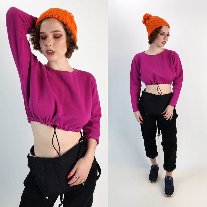 Womens Hot Pink Elastic Waist Long Sleeve Upcycled Remade Sporty Grunge Sweats Elastic Drawstring Waist Cropped Pullover Sweatshirt SM