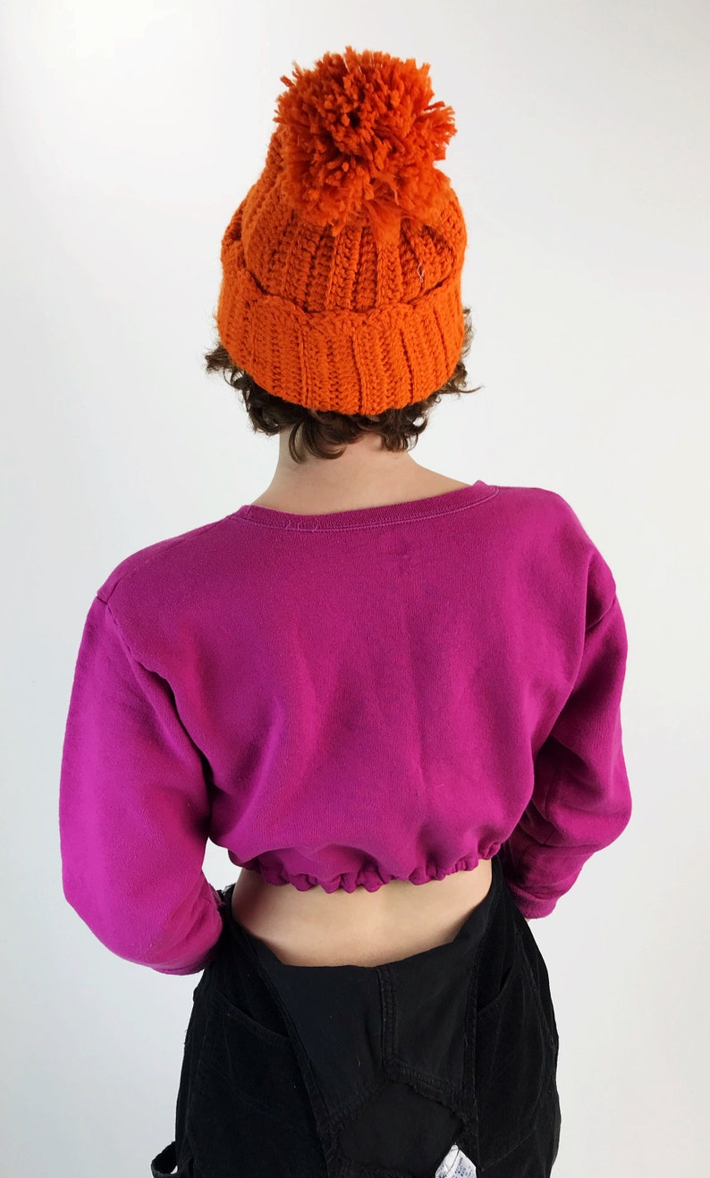 Womens Hot Pink Elastic Waist Long Sleeve Upcycled Remade Sporty Grunge Sweats Elastic Drawstring Waist Cropped Pullover Sweatshirt SM