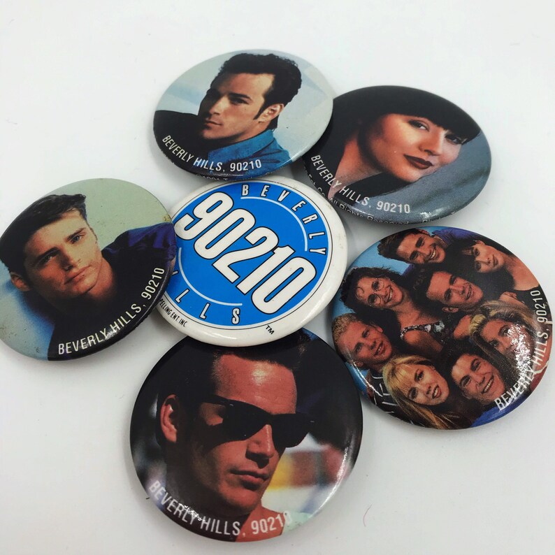 Vintage Beverly Hills 90210 6 Piece Pinback Button Set Teen Drama Nineties TV Soap Oprah Luke Perry Jason Priestley Shannon Dohertry image 1