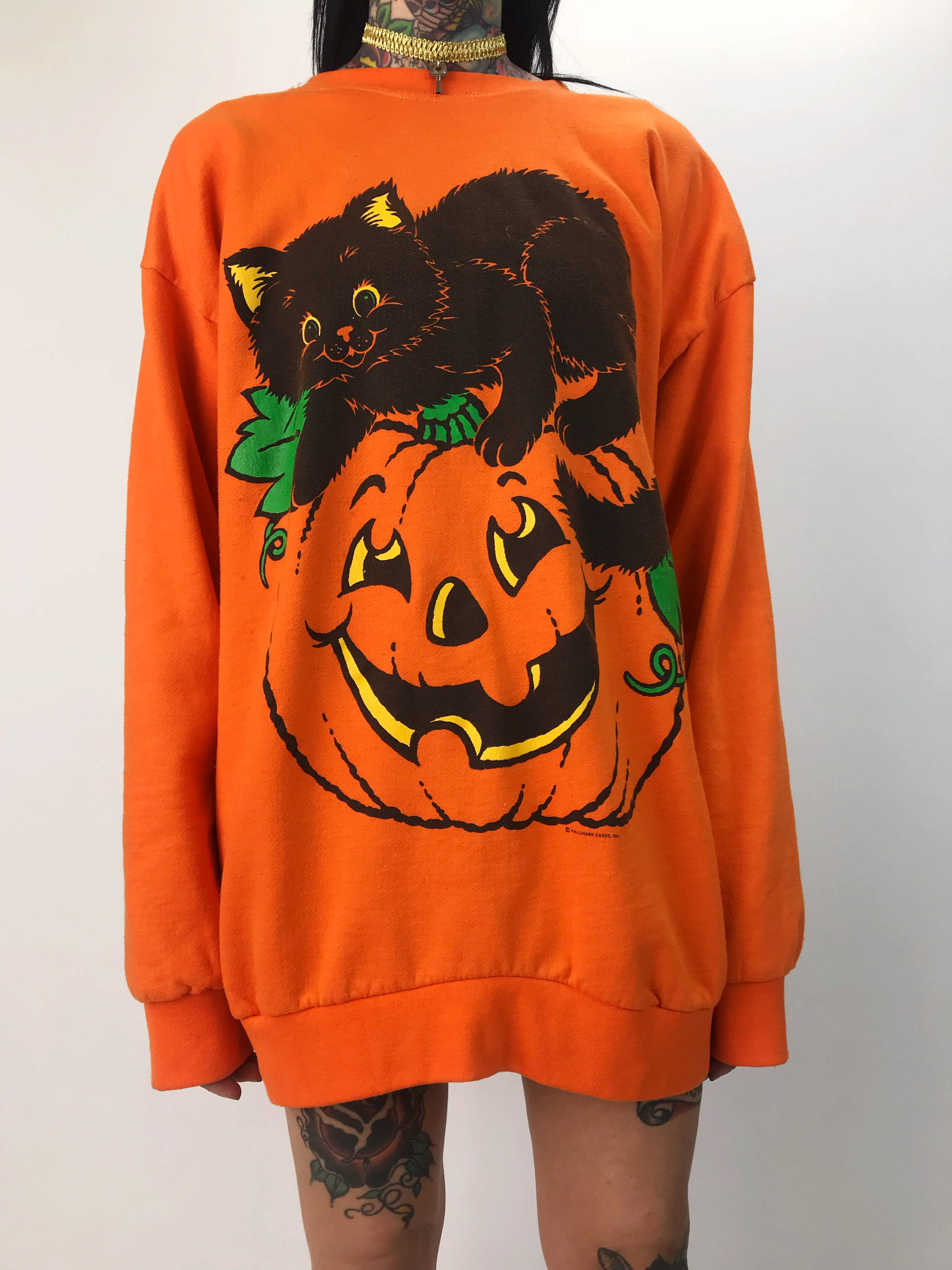 90's Halloween Cat Pullover Sweatshirt Womens L/XL Long Spooky Cute
