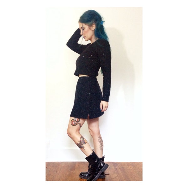 90's Knit Sweater Two Piece Set - Black Sparkle Cropped Sweater and Mini Skirt - Two-piece Matching Skirt & Shirt Set