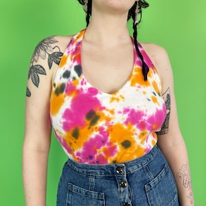 Y2K Hand-Dyed Halter Top Large - Pink Orange Summer Halter Tie Dye 1 of 1 Stretchy Tank - Tie DyeSleeveless Open Back Halter Top w/ Support