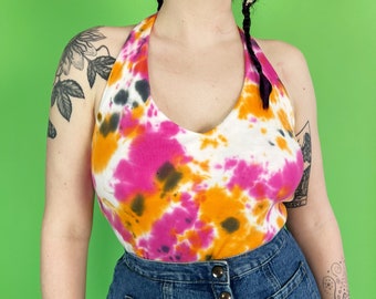 Y2K Hand-Dyed Halter Top Large - Pink Orange Summer Halter Tie Dye 1 of 1 Stretchy Tank - Tie DyeSleeveless Open Back Halter Top w/ Support