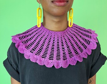 Vintage Oversized Crochet Collar Funky Overlay Bib Layer - One Size Hand Dyed Vintage Purple Fun Girly Dramatic Large Lace Detached Collar