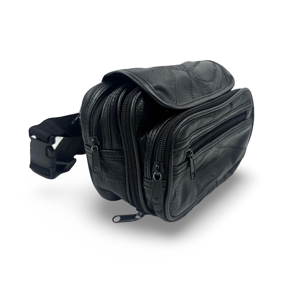 90's Black Faux Leather Oversized Belt Bag Patchwork Fake