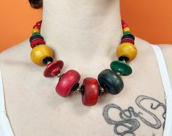 80's Wooden Statement Necklace 18 Inch Strand - Large Colorful Vintage Natural Wooden Bead Necklace - VTG Oversized Wooden Beads Rainbow