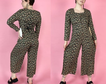 90's Floral Printed Pants Jumpsuit Size 6/7 - DEADSTOCK VTG Long Sleeve Allover Print Lace-Up Back Sleeve Wide Leg Pantsuit - Rayon Pants
