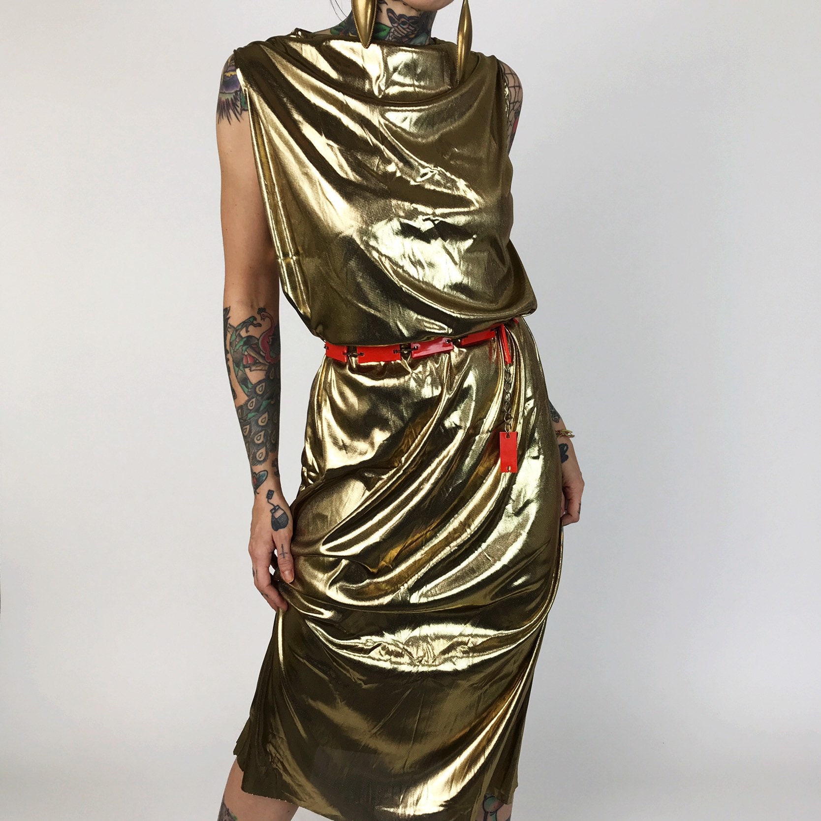 80's Handmade Metallic Gold Disco Dress Small - Handmade Unique Longline Slinky Sleeveless Midi 